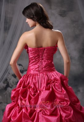 Coral Red Flowers and Pick-ups Decorate Ruch Ball Gown Dress