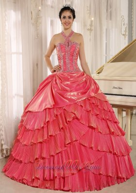 Halter Watermelon Beading and Pleat Quinceanera Gown