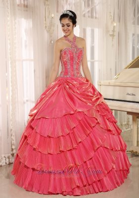 Halter Watermelon Beading and Pleat Quinceanera Gown