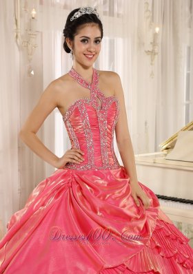 Halter Watermelon Beading and Pleat Quinceanera Gown