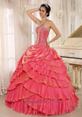 Halter Watermelon Beading and Pleat Quinceanera Gown