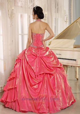 Halter Watermelon Beading and Pleat Quinceanera Gown