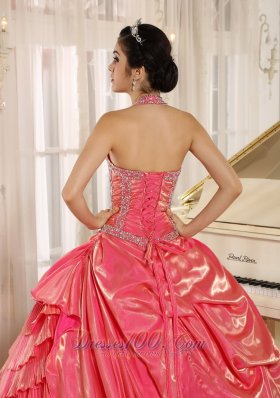 Halter Watermelon Beading and Pleat Quinceanera Gown