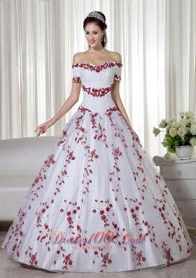 Off Shoulder Embroidery White and Red Quinceanera Dress