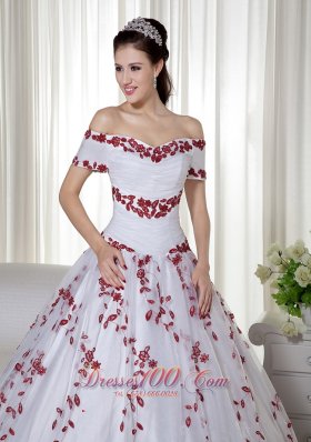 Off Shoulder Embroidery White and Red Quinceanera Dress