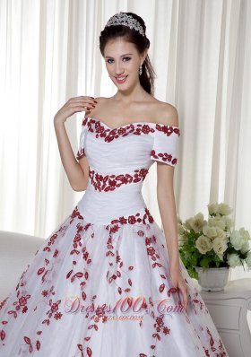 Off Shoulder Embroidery White and Red Quinceanera Dress