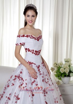 Off Shoulder Embroidery White and Red Quinceanera Dress