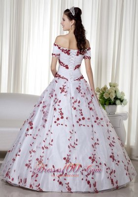 Off Shoulder Embroidery White and Red Quinceanera Dress