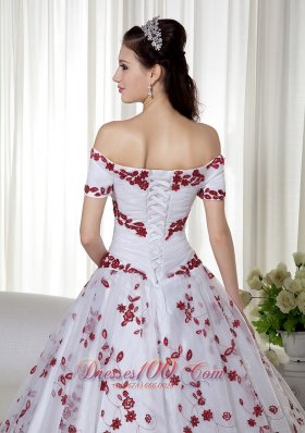 Off Shoulder Embroidery White and Red Quinceanera Dress