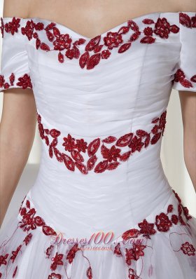 Off Shoulder Embroidery White and Red Quinceanera Dress