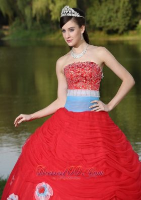 Tulle Red Quinceanera Dress for Girl With Flower Beaded