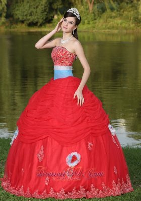 Tulle Red Quinceanera Dress for Girl With Flower Beaded