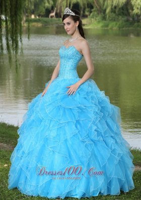 Ruffles Beaded Layered Aqua Blue Designer Quinceanera Dress