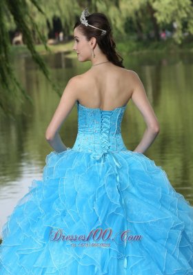 Ruffles Beaded Layered Aqua Blue Designer Quinceanera Dress
