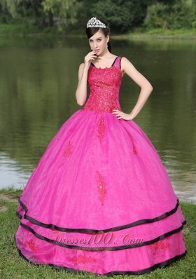 V-neck Long Sleeves Appliques Fushsia Quinceaneras Dress