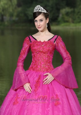 V-neck Long Sleeves Appliques Fushsia Quinceaneras Dress