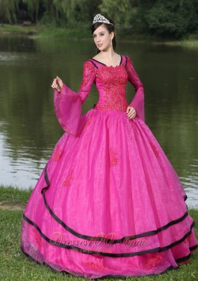 V-neck Long Sleeves Appliques Fushsia Quinceaneras Dress