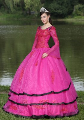 V-neck Long Sleeves Appliques Fushsia Quinceaneras Dress