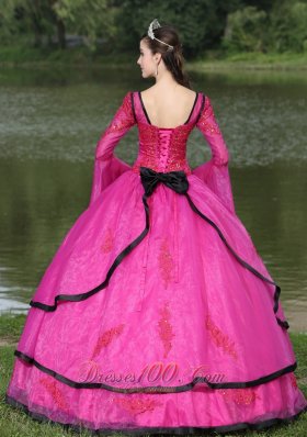 V-neck Long Sleeves Appliques Fushsia Quinceaneras Dress