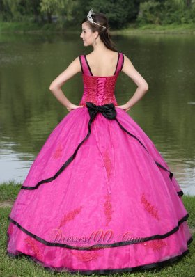 V-neck Long Sleeves Appliques Fushsia Quinceaneras Dress