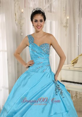 One Shoulder Baby Blue Quinceanera Dress Appliques and Beading