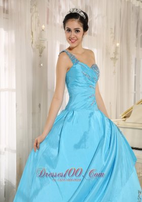 One Shoulder Baby Blue Quinceanera Dress Appliques and Beading