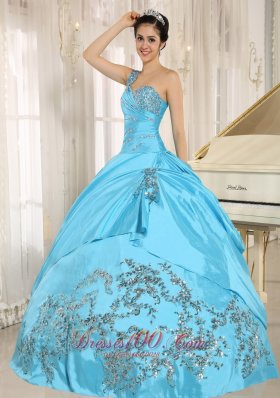 One Shoulder Baby Blue Quinceanera Dress Appliques and Beading