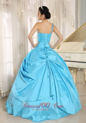 One Shoulder Baby Blue Quinceanera Dress Appliques and Beading