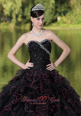 Beaded Ruffle Layers Black Ball Gown for Quinceanera