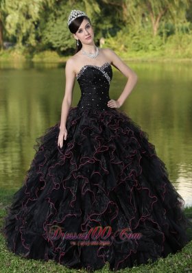 Beaded Ruffle Layers Black Ball Gown for Quinceanera