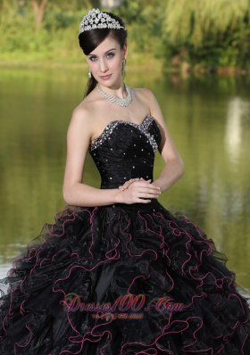 Beaded Ruffle Layers Black Ball Gown for Quinceanera