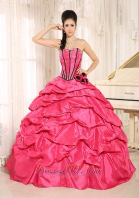 Hot Pink Beaded and Flowers Quinceanera Dress With Pick-ups