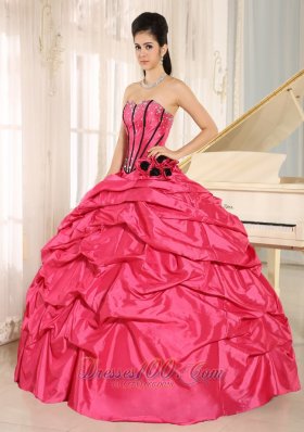 Hot Pink Beaded and Flowers Quinceanera Dress With Pick-ups