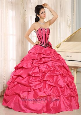 Hot Pink Beaded and Flowers Quinceanera Dress With Pick-ups