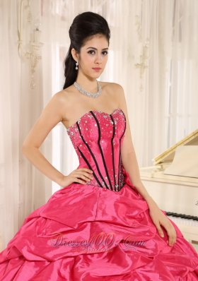 Hot Pink Beaded and Flowers Quinceanera Dress With Pick-ups