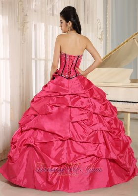 Hot Pink Beaded and Flowers Quinceanera Dress With Pick-ups