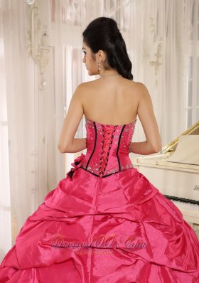 Hot Pink Beaded and Flowers Quinceanera Dress With Pick-ups