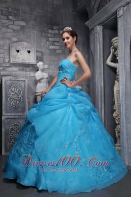 Strapless Organza Appliques Baby Blue Dress for Quinceaneras