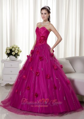 Fuchsia A-line Brush Train Tulle Flowers Dresses Quinceanera