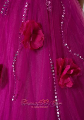 Fuchsia A-line Brush Train Tulle Flowers Dresses Quinceanera