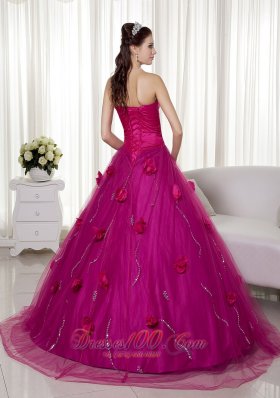 Fuchsia A-line Brush Train Tulle Flowers Dresses Quinceanera