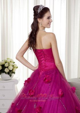 Fuchsia A-line Brush Train Tulle Flowers Dresses Quinceanera