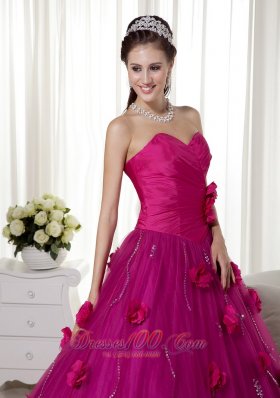 Fuchsia A-line Brush Train Tulle Flowers Dresses Quinceanera