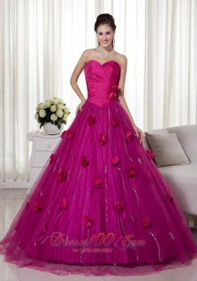 Fuchsia A-line Brush Train Tulle Flowers Dresses Quinceanera