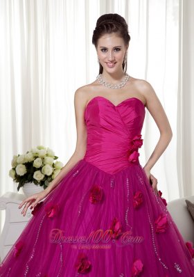 Fuchsia A-line Brush Train Tulle Flowers Dresses Quinceanera