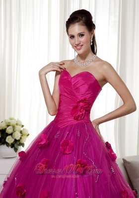 Fuchsia A-line Brush Train Tulle Flowers Dresses Quinceanera