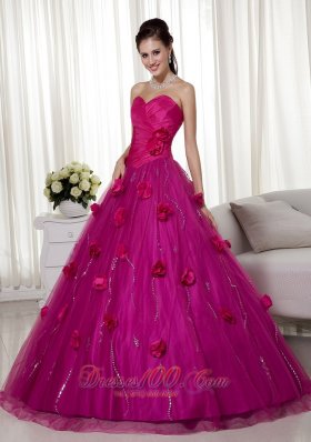 Fuchsia A-line Brush Train Tulle Flowers Dresses Quinceanera