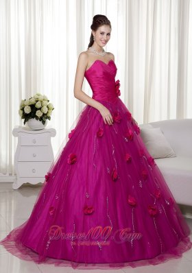 Fuchsia A-line Brush Train Tulle Flowers Dresses Quinceanera