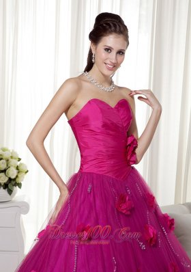 Fuchsia A-line Brush Train Tulle Flowers Dresses Quinceanera