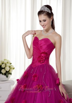 Fuchsia A-line Brush Train Tulle Flowers Dresses Quinceanera